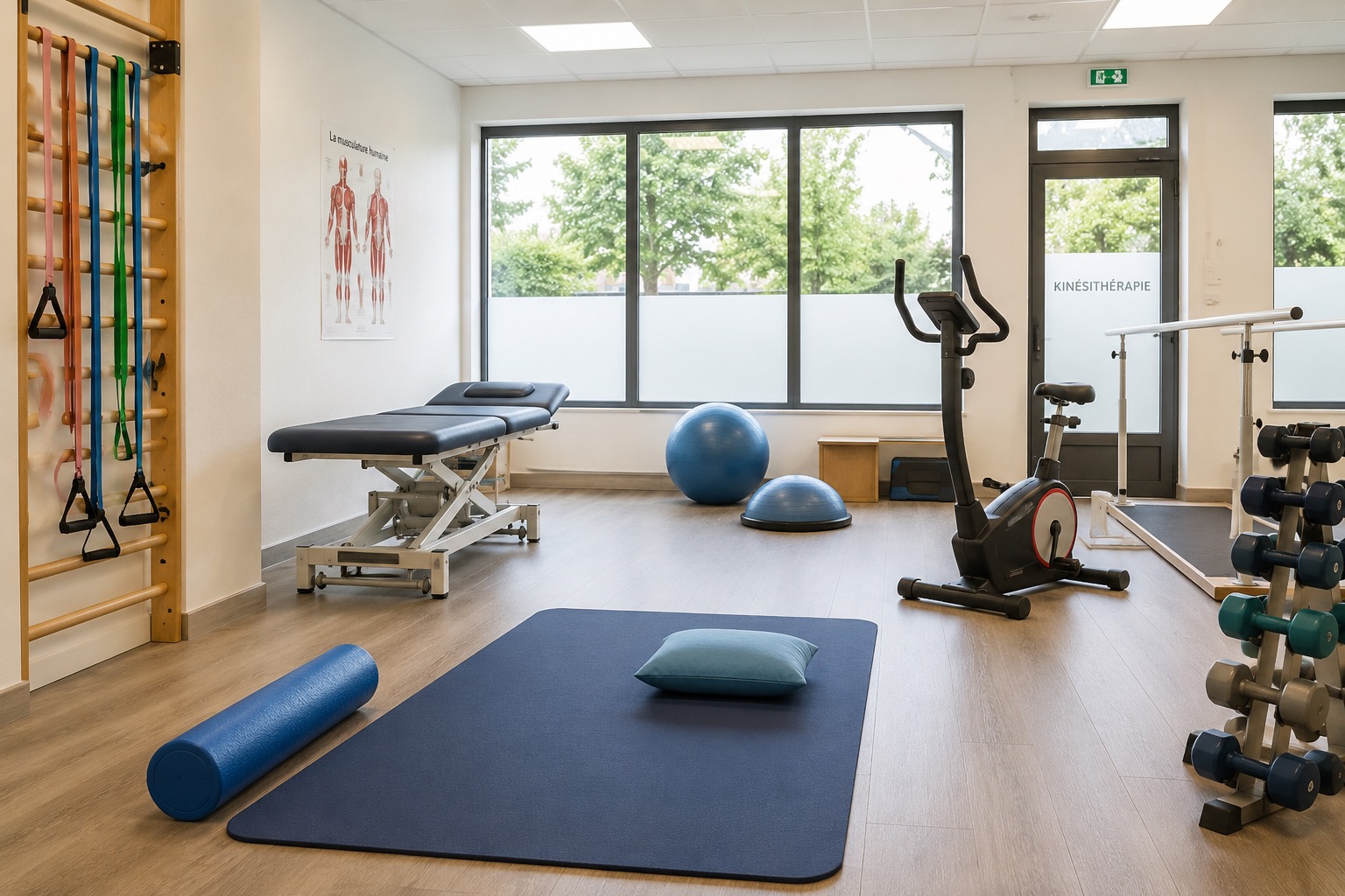 Plateau technique de kinésithérapie avec tapis, élastiques et vélo