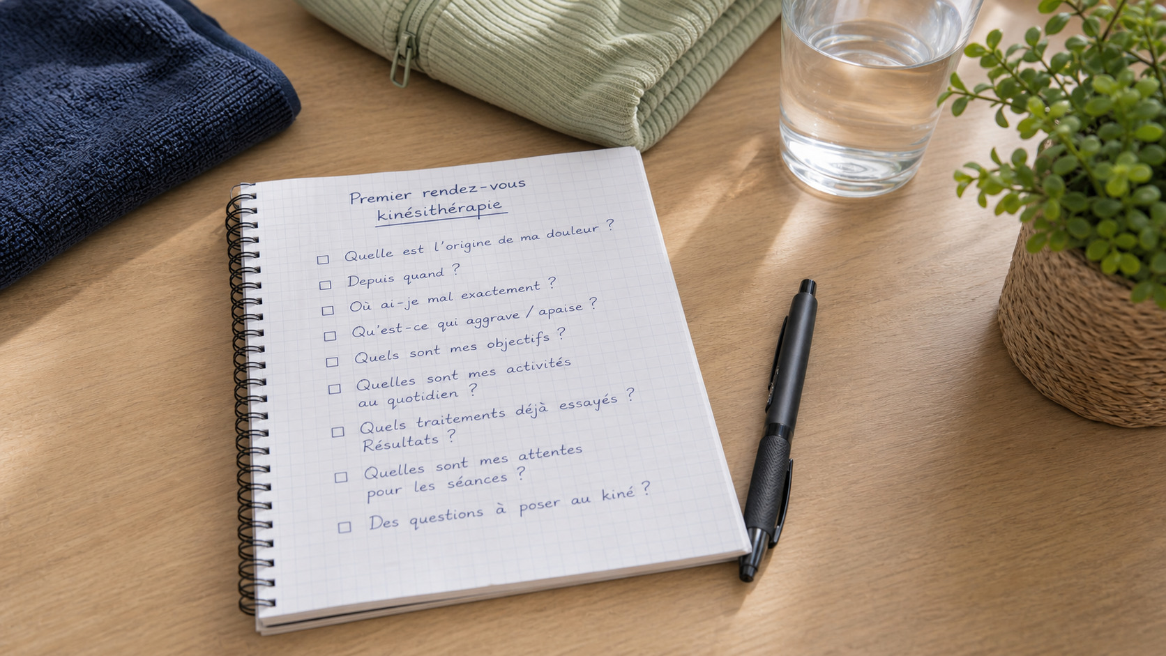 Liste de questions préparée avant le premier rendez-vous de kinésithérapie